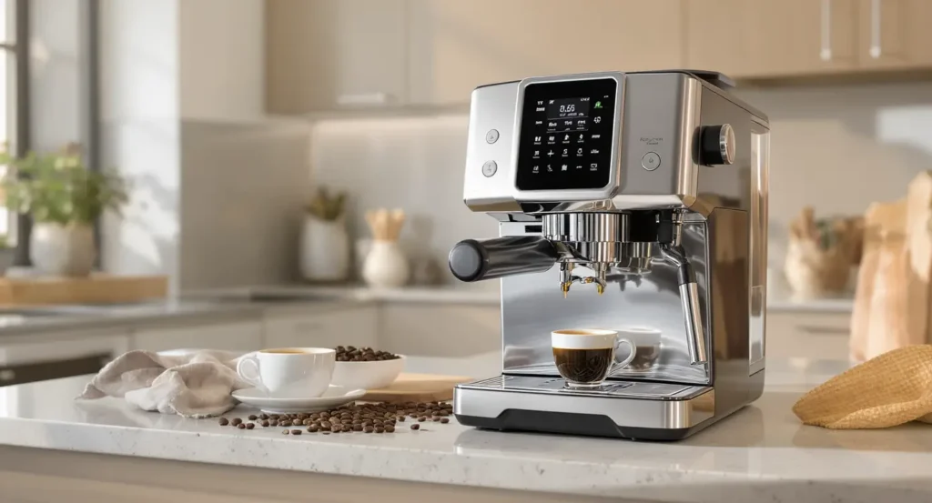 DeLonghi coffee machine with milk frother on a modern kitchen counter