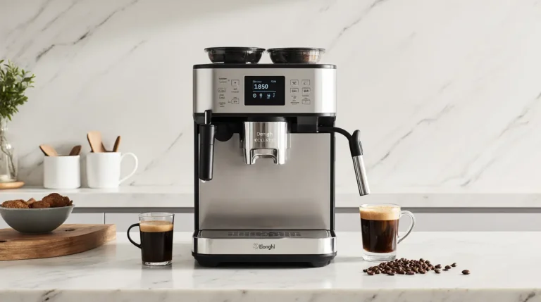 DeLonghi coffee machine with milk frother on a modern kitchen counter