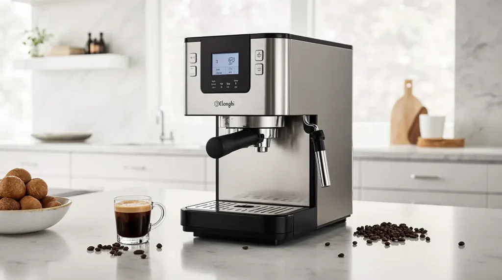 DeLonghi coffee machine with milk frother on a modern kitchen counter