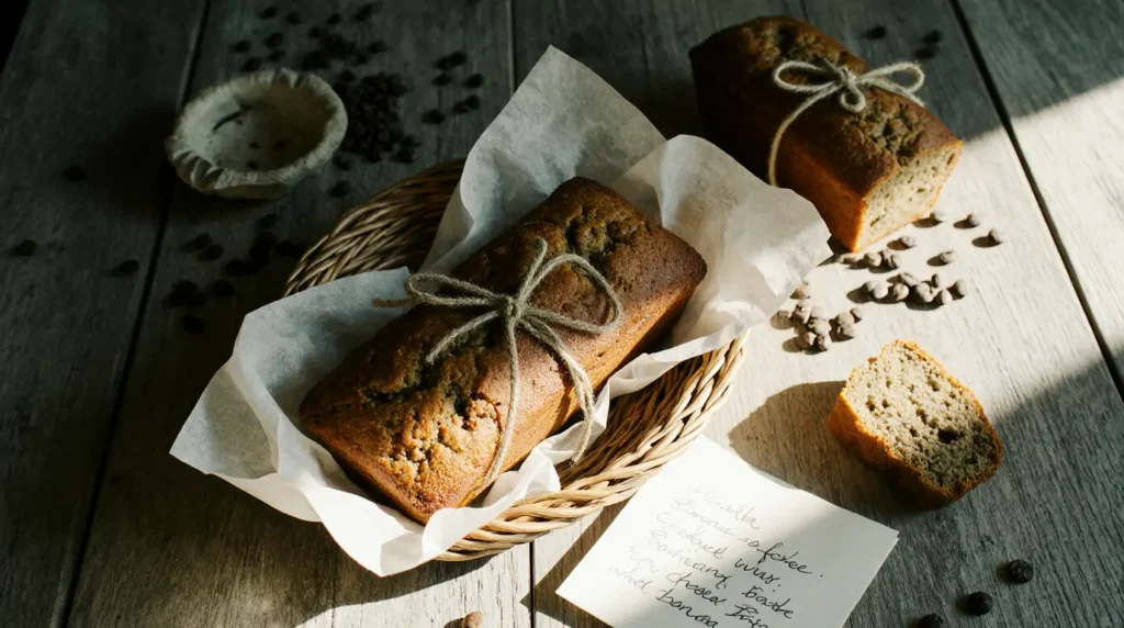 Moist coffee banana bread loaf sliced on a wooden board with coffee beans and a cup of cappuccino nearby

