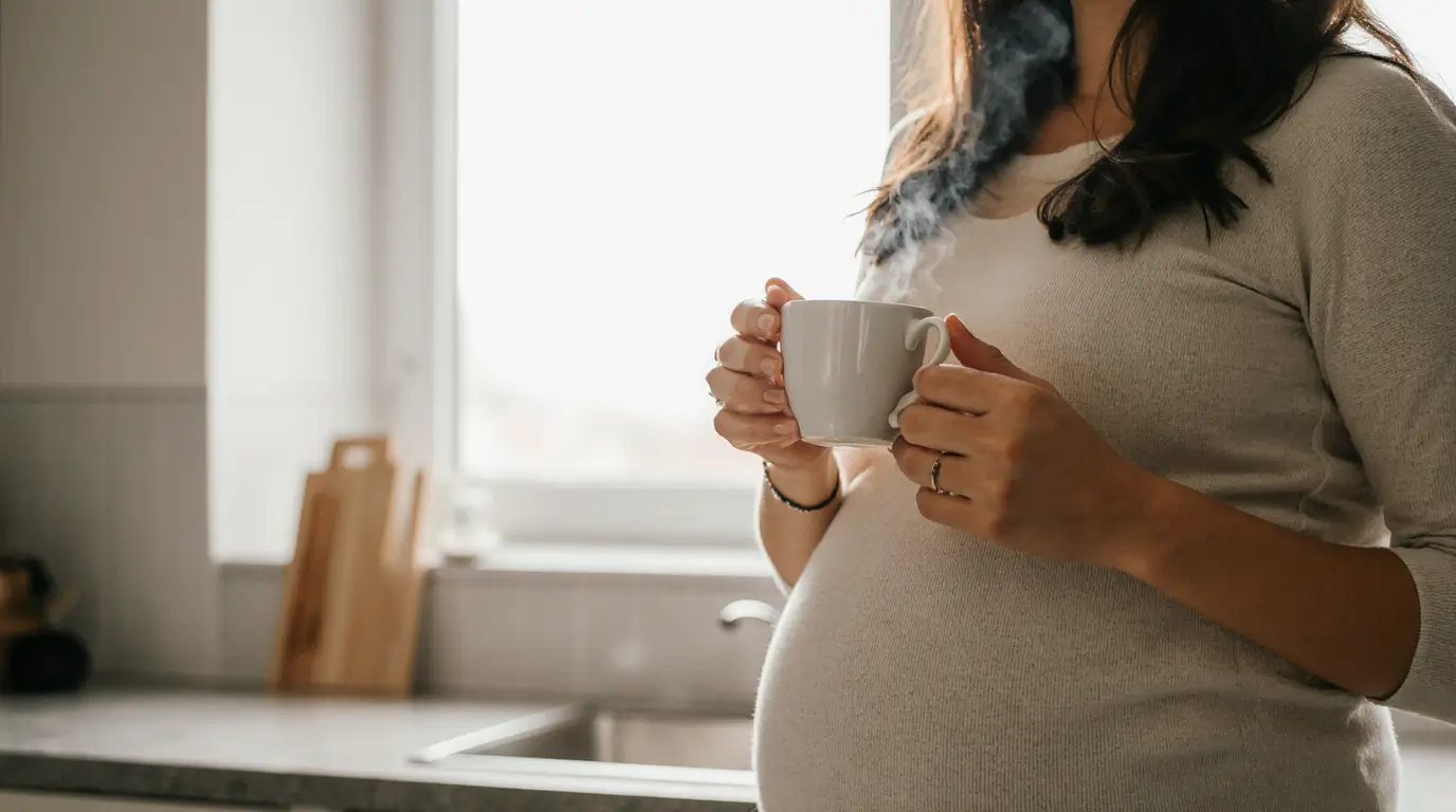 Can you drink coffee while pregnant? A pregnant woman enjoys a small cup of coffee in a cozy kitchen, representing safe caffeine choices during pregnancy.