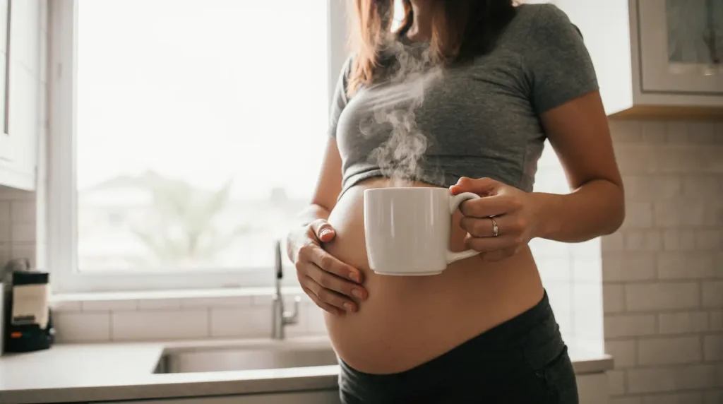Pregnant woman holding a cup of coffee in a cozy kitchen setting, representing safe coffee consumption during pregnancy.

