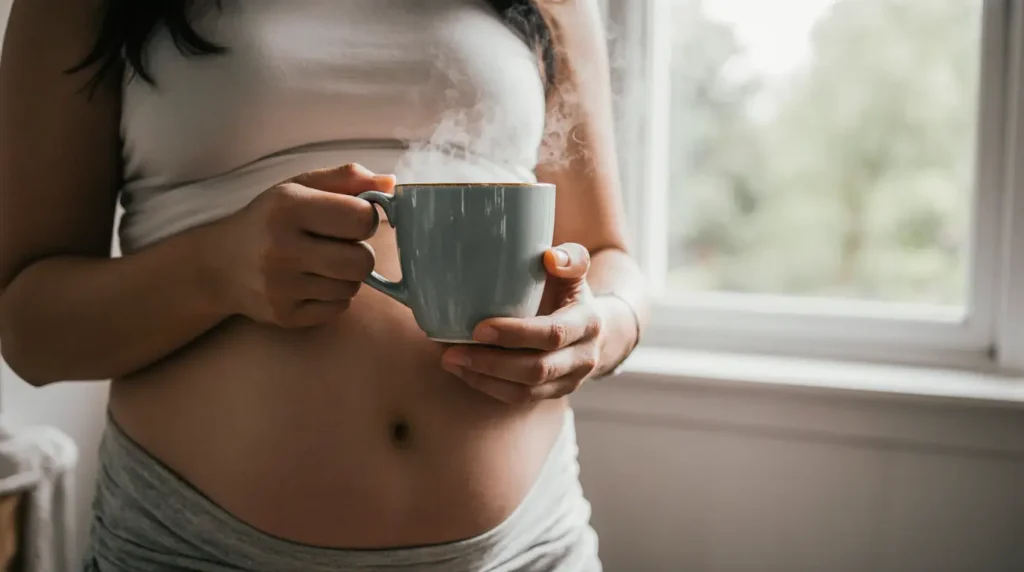 Can you drink coffee while pregnant? A pregnant woman enjoys a small cup of coffee in a cozy kitchen, representing safe caffeine choices during pregnancy.

